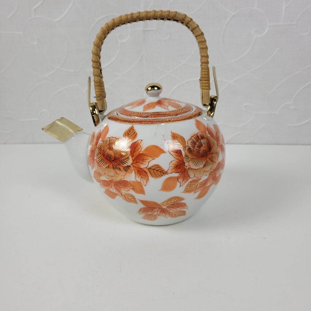 Vtg. Napcoware Japan Teapot With Lid Hand Painted Famille Rose Orange Porcelain